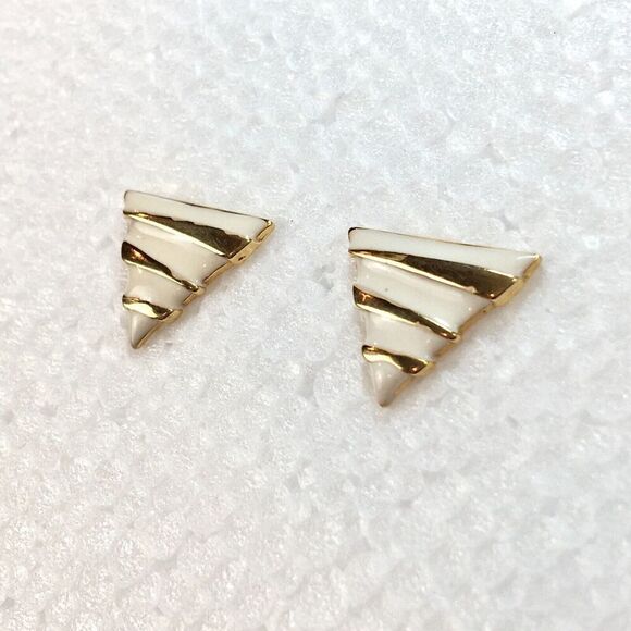 Vintage Coro Earrings Gold Tone White Enamel Triangle Studs Posts - Picture 2 of 12